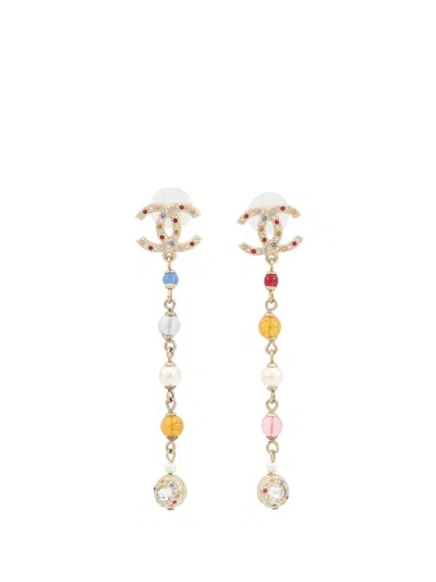 Pre-owned Chanel 2020 Cc Gold Plated Strass Faux Pearl Swing Push Back Earrings Costume Earrings