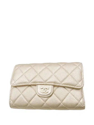 Pre-owned Chanel 2020 Cc Metallic Quilted Lambskin Trifold Flap Wallet Long Wallets In Gold