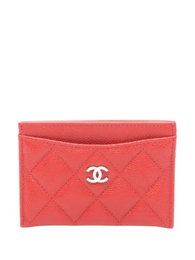 Pre-owned Chanel 2020 Cc Quilted Caviar Case Card Holder In Red