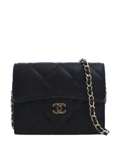 Pre-owned Chanel 2020 Cc Quilted Caviar Flap Card Holder On Chain Crossbody Bag In Black