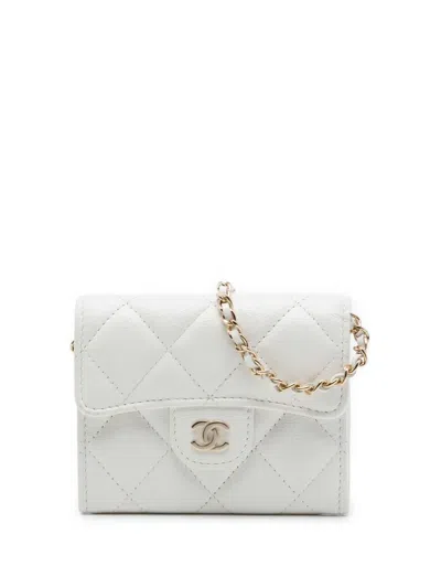 Pre-owned Chanel 2020 Cc Quilted Caviar Flap Card Holder On Chain Crossbody Bag In White