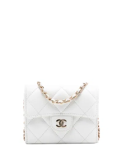 Pre-owned Chanel 2020 Cc Quilted Caviar Flap Card Holder With Chain Crossbody Bag In White