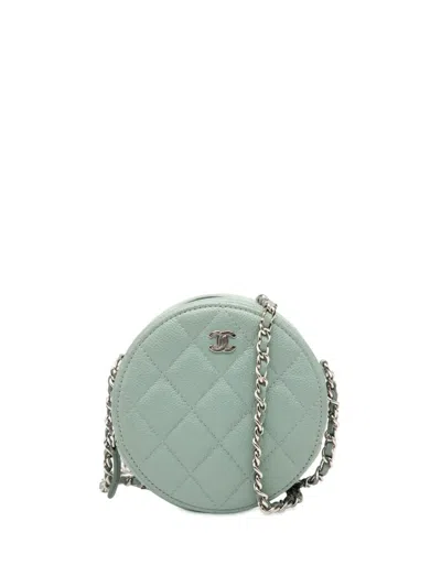 Pre-owned Chanel 2020 Cc Quilted Caviar Round Clutch With Chain Crossbody Bag In Blue