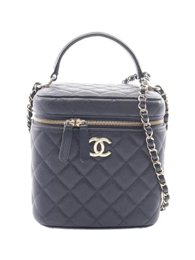 Pre-owned Chanel 2020 Cc Quilted Caviar Top Handle Vanity Case With Chain Satchel In Blue