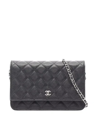 Pre-owned Chanel 2020 Cc Quilted Caviar Wallet On Chain Crossbody Bag In Black