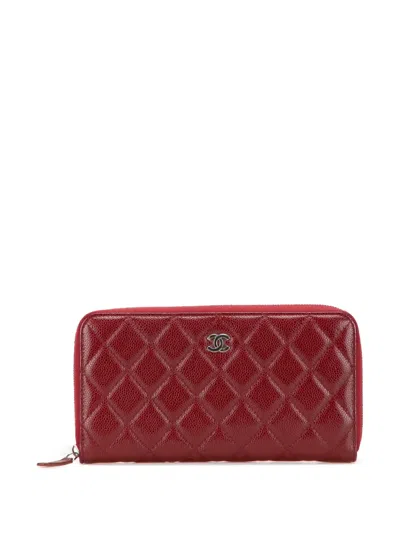 Pre-owned Chanel 2020 Cc Quilted Caviar Zip Around Wallet Long Wallets In Red