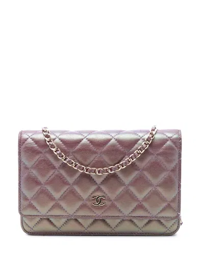 Pre-owned Chanel 2020 Cc Quilted Iridescent Lambskin Wallet On Chain Crossbody Bag In Purple