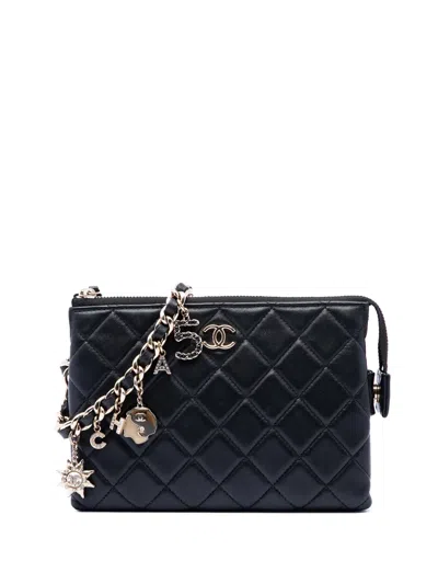 Pre-owned Chanel 2020 Cc Quilted Lambskin Coco Charms Chain Wristlet Pouch Clutch Bag In Black