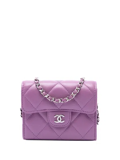 Pre-owned Chanel 2020 Cc Quilted Lambskin Flap Card Holder On Chain Crossbody Bag In Purple