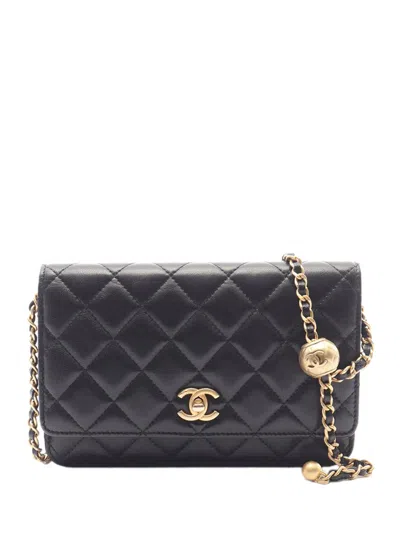 Pre-owned Chanel 2020 Cc Quilted Lambskin Pearl Crush Wallet On Chain Crossbody Bag In Black