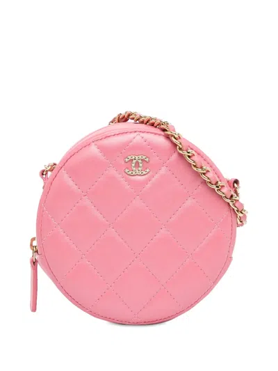 Pre-owned Chanel 2020 Cc Quilted Lambskin Round Pearl Clutch With Chain Crossbody Bag In Pink