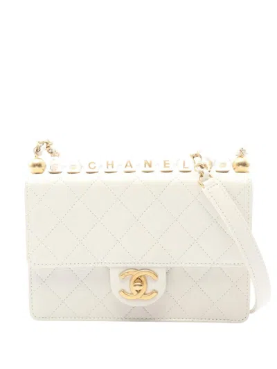 Pre-owned Chanel 2020 Cc Quilted Lambskin Turnlock Chic Pearls Flap Shoulder Bag In White