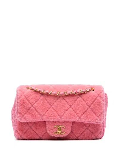 Pre-owned Chanel 2020 Cc Quilted Shearling And Tweed Single Flap Crossbody Bag In Pink