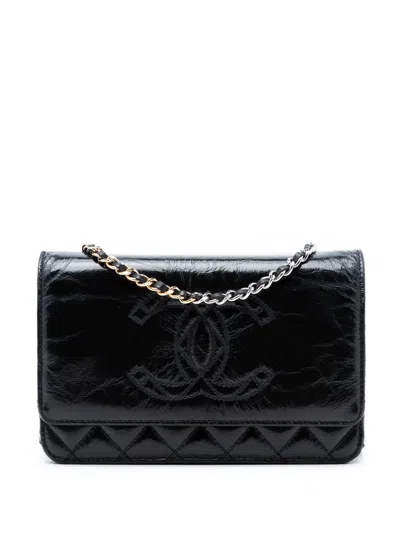 Pre-owned Chanel 2020 Cc Quilted Shiny Aged Calfskin Wallet On Chain Crossbody Bag In Black