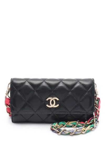 Pre-owned Chanel 2020 Cc Quilted Shiny Lambskin Ribbon Long Clutch On Chain Crossbody Bag In Black