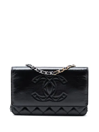Pre-owned Chanel 2020 Cc Shiny Aged Calfskin Wallet On Chain Crossbody Bag In Black