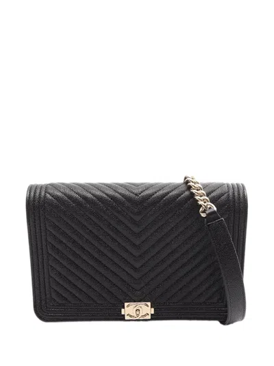Pre-owned Chanel 2020 Chevron Caviar Boy Wallet On Chain Crossbody Bag In Black