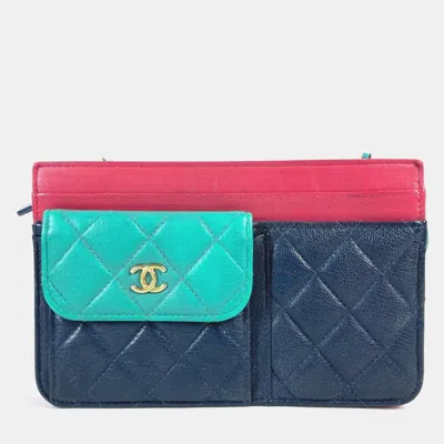 Pre-owned Chanel 2020 Cruise Tricolor Multi-pocket Navy Pink Green Quilted Goatskin Leather Wallet On Chain Bag