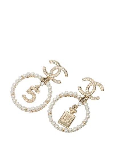Pre-owned Chanel 2020 Gold Plated Cc Crystal Faux Pearl And No 5 Perfume Bottle Drop Push Back Earrings Costume Earri