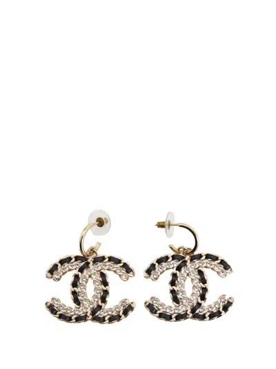 Pre-owned Chanel 2020 Gold Plated Cc Leather Woven And Strass Drop Push Back Earrings Costume Earrings