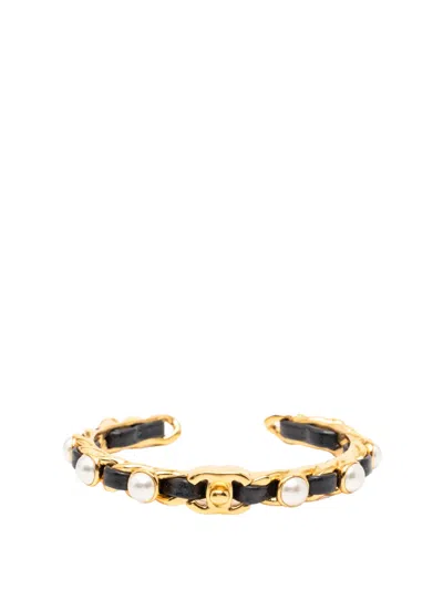 Pre-owned Chanel 2020 Gold Plated Leather Woven In Chain Faux Pearl Cc Turnlock Cuff Bracelet Costume Bracelet In Black