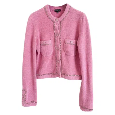 Pre-owned Chanel 2020 Iconic Chain Trim Pink Fluffy Jacket 34 Fr