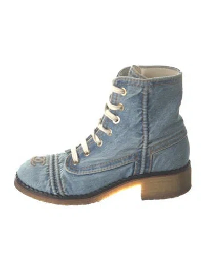 Pre-owned Chanel 2020 Interlocking Cc Logo Combat Boots In Blue