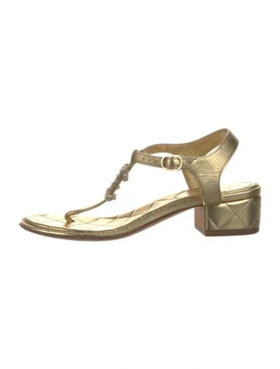 Pre-owned Chanel 2020 Interlocking Cc Logo T-strap Sandals In Gold/metallic