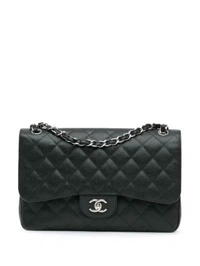 Pre-owned Chanel 2020 Jumbo Classic Caviar Double Flap Shoulder Bag In Black