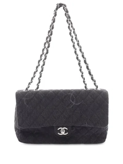 Pre-owned Chanel 2020 Jumbo Printed Denim Single Flap Shoulder Bag In Gray