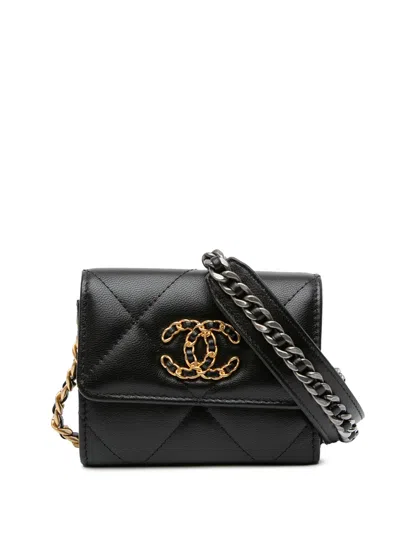 Pre-owned Chanel 2020 Lambskin 19 Flap Coin Purse With Chain Crossbody Bag In Black