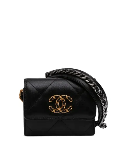 Pre-owned Chanel 2020 Lambskin 19 Flap Coin Purse With Chain Crossbody Bag In Black