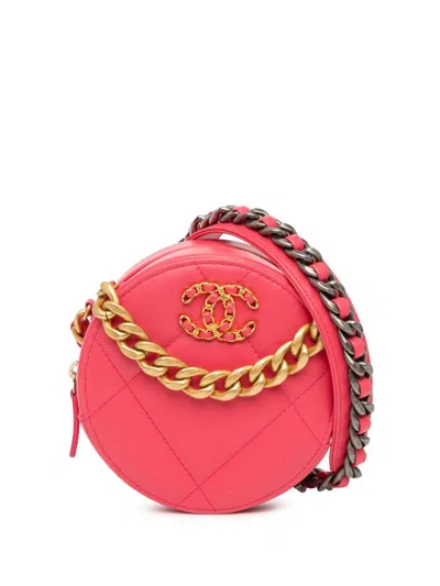 Pre-owned Chanel 2020 Lambskin 19 Round Clutch With Chain Satchel In Pink