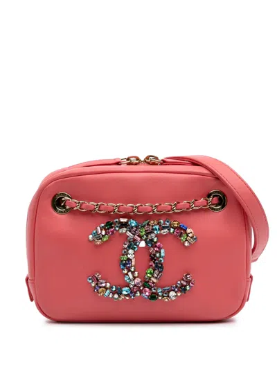 Pre-owned Chanel 2020 Lambskin Giant Crystal Cc Camera Bag Crossbody Bag In Pink