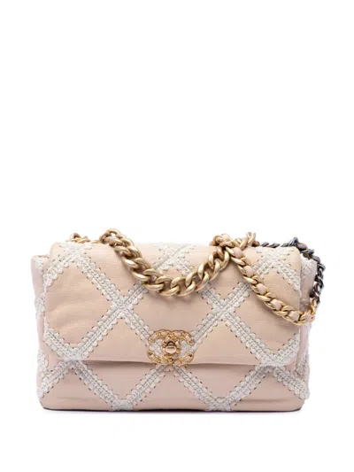 Pre-owned Chanel 2020 Large Crochet Calfskin 19 Flap Satchel In Neutrals