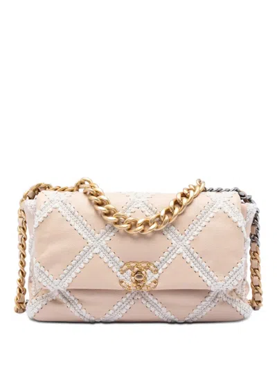 Pre-owned Chanel 2020 Large Crochet Calfskin 19 Flap Satchel In White