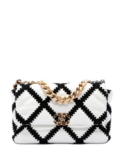 Pre-owned Chanel 2020 Large Crochet Calfskin 19 Flap Satchel In White