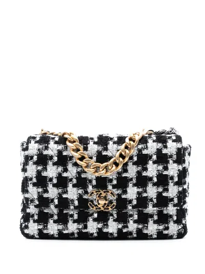 Pre-owned Chanel 2020 Large Houndstooth Tweed 19 Flap Satchel In Black