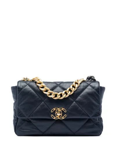 Pre-owned Chanel 2020 Large Lambskin 19 Flap Satchel In Blue
