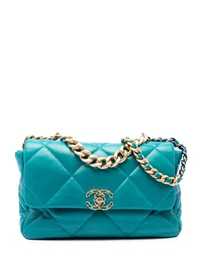 Pre-owned Chanel 2020 Large Lambskin 19 Flap Satchel In Blue