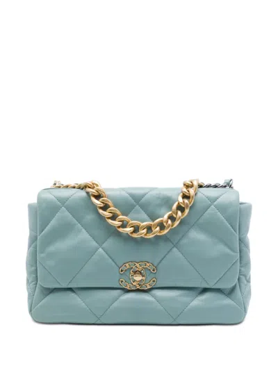 Pre-owned Chanel 2020 Large Lambskin 19 Flap Satchel In Blue