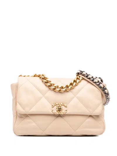 Pre-owned Chanel 2020 Large Lambskin 19 Flap Satchel In Neutrals