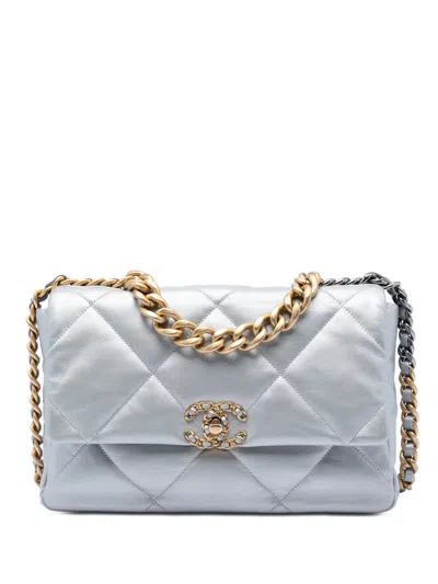 Pre-owned Chanel 2020 Large Metallic Lambskin 19 Flap Satchel In Silver