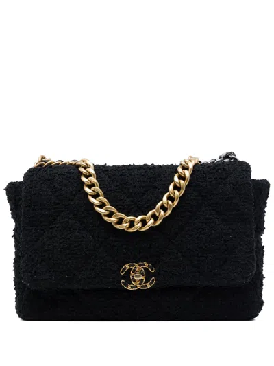 Pre-owned Chanel 2020 Maxi Tweed 19 Flap Satchel In Black