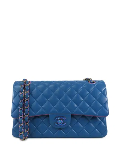 Pre-owned Chanel 2020 Medium Classic Lambskin Rainbow Hardware Double Flap Shoulder Bag In Blue