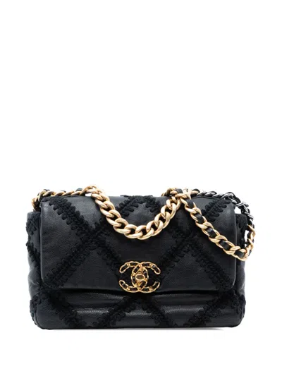 Pre-owned Chanel 2020 Medium Crochet Calfskin 19 Flap Satchel In Black