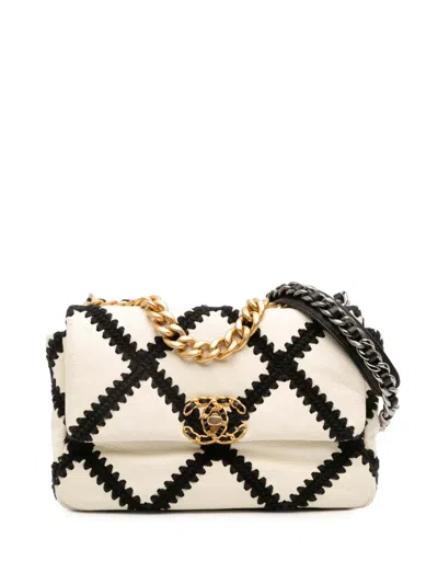 Pre-owned Chanel 2020 Medium Crochet Calfskin 19 Flap Satchel In White