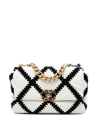 Pre-owned Chanel 2020 Medium Crochet Calfskin 19 Flap Satchel In White