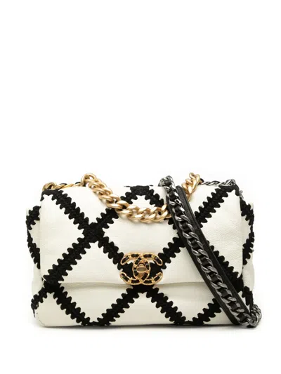 Pre-owned Chanel 2020 Medium Crochet Calfskin 19 Flap Satchel In White