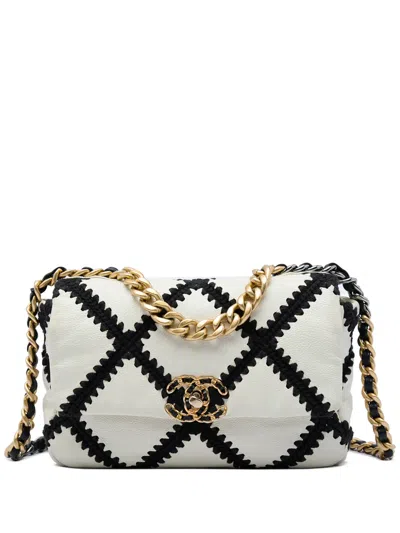 Pre-owned Chanel 2020 Medium Crochet Calfskin 19 Flap Satchel In White